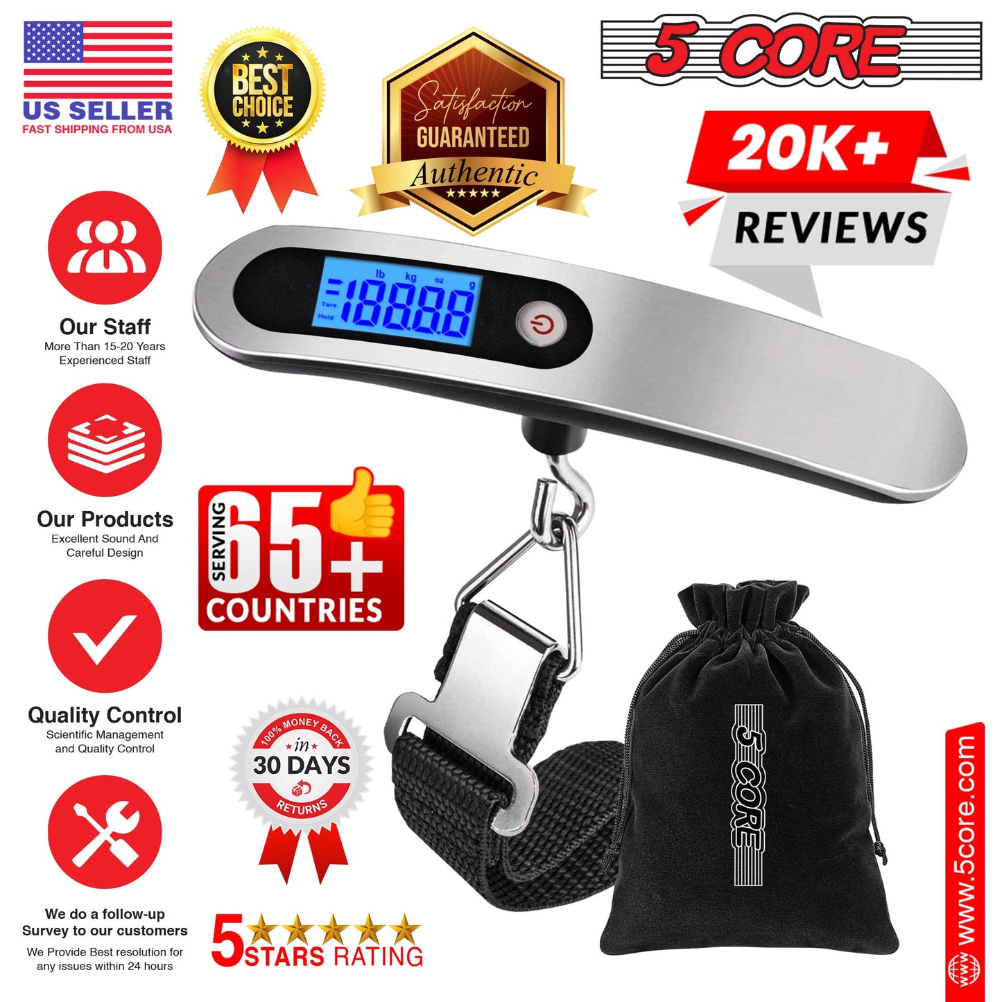 5Core Digital Luggage Scale, Weight Scale, Travel Hanging Baggage